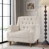 Beige Accent Chair with Vintage Brass Studs, Button Tufted Upholstered Armchair