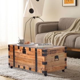 Natural Reclaimed Wooden Trunk Table with Four Wheels