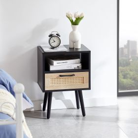 Rattan Nightstand with Drawer and Solid Wooden Legs