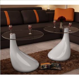 2 Pcs Coffee Tables with Round Glass Top, High Gloss White