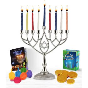 Complete Hanukkah Menorah Kit - 9" Menorah, 44 Colored Hanukkah Candles