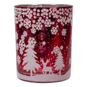 Northlight Red and Shiny Silver Deer in Winter Woods Flameless Candle Holder