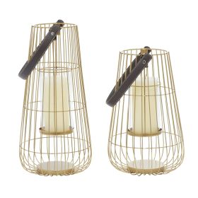 DecMode Set of 2 Gold Metal Decorative Candle Lantern with Leather Straps