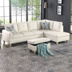 Pearl White Faux Leather Living Room Sofa with Ottoman