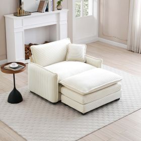 Single Deep Seat Sofa with Footstool and One Pillow, White Corduroy