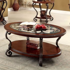 1pc Traditional Style Brown Cherry Coffee Table, Glass Top Design