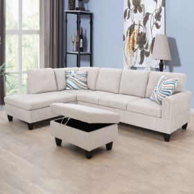 Grey White Flannel Living Room Sofa with Ottoman