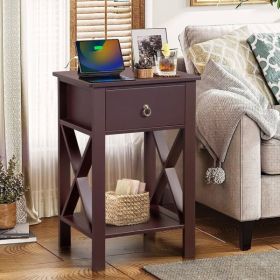 Set of 2 Side Intersection Style Nightstand with One Drawer, Brown