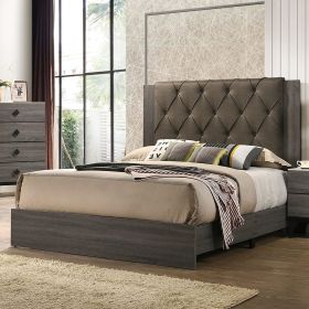 Contemporary King Size Upholstered Bedframe, Tufted Design Headboard, Gray