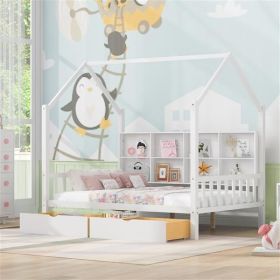 Wooden Full Size House Bed with 2 Drawers, Kids Bed and Storage Shelf, White