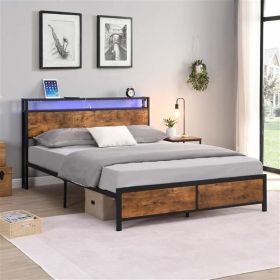 Queen Bed Frame, LED Lights, 2 USB Ports with Storage, Rustic Brown