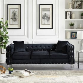 82.3" Width Velvet Black Sofa with Jeweled Buttons, 2 Pillows Included