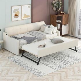 Twin Size Upholstery Daybed with Trundle, USB Charging Design, Beige