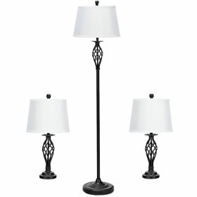 2 Table Lamps, 1 Floor Lamp Set with Fabric Shades