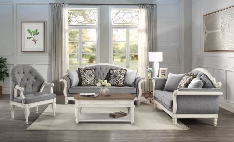 ACME Florian Sofa w/4 Pillows, Gray Fabric & Antique White Finish