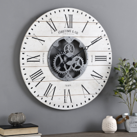 FirsTime & Co. White Shiplap Gears Wall Clock, Farmhouse