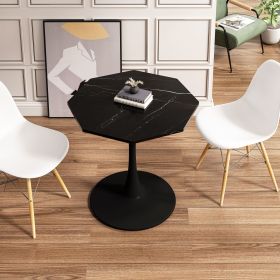 Modern Octagonal Dining Table with Printed Black Marble Table Top, Metal Base