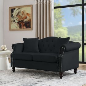 57" Chesterfield Black Velvet Sofa, Tufted Low Back and Nailhead Trim