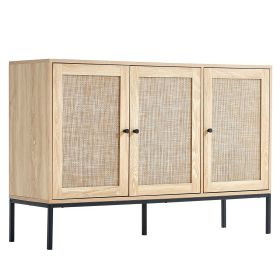 Rattan Sideboard Cabinet with 3 Magnetic Doors, Adjustable Shelves, Natural