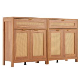 Set of 2 Rattan Cabinets with 4 Doors, 2 Drawers, Adjustable Shelves, Natural