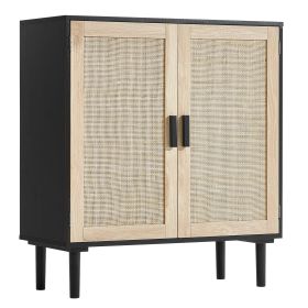 Rattan Cabinet Storage with 2 Magnetic Doors and Adjustable Shelves, Black