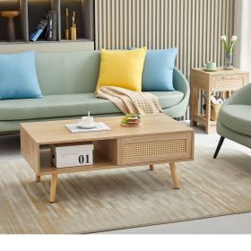 41.34" Rattan Coffee Table with Sliding Door for Storage (Color: Natural)