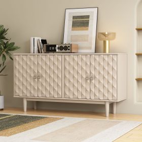 Modern 4-Door Sideboard with Convex Pattern Doors and 2 Silver Handles (Color: Almond, Material: MDF)