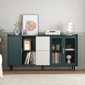 Modern Sideboard Cabinet with 2 Drawers and 2 Glass Doors (Color: Green, Material: MDF)