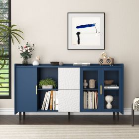 Modern Sideboard Cabinet with 2 Drawers and 2 Glass Doors (Color: Blue, Material: MDF)