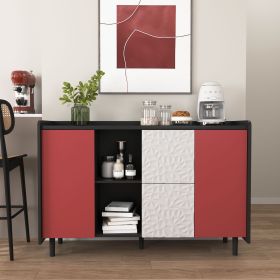 Sideboard Buffet Cabinet with Red Doors, 2 Drawers with Unique Panel Styling (Color: Black+Red, Cabinets: 2)