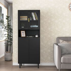 Tall Storage Bookcase with Tempered Glass Door (Color: Black, Material: MDF)