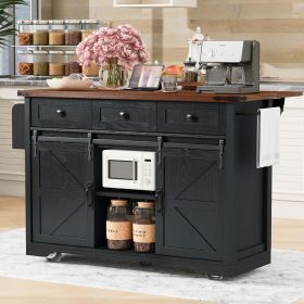 Farmhouse Kitchen Island with Power Outlet with 2 Sliding Barn Door (Color: Black, Material: Particle Board+MDF)