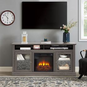 Retro TV Stand for 65'' with Storage (Color: Black + Dark Walnut, With Fireplace Insert: Yes)