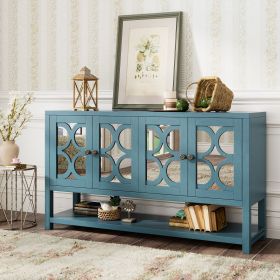 Elegant Retro Sideboard with Mirrored Doors and Spacious Shelves (Color: Antique Navy, Material: Solid Wood+MDF)