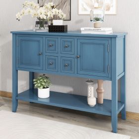 Cambridge Series Ample Vintage Console Table with Four Small Drawers (Color: Light Navy, Material: Solid Wood+MDF)