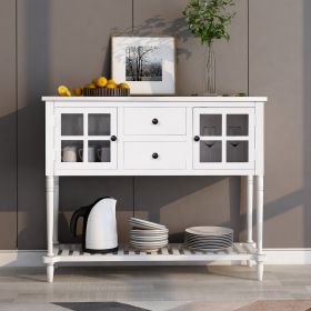 Sideboard with Bottom Shelf and Wood/Glass Doors (Color: White, Material: Solid Wood)