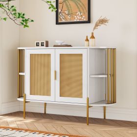 2-Door Elegant Curved Dining Cabinet with Gold Trim and Woven Rattan Doors (Color: White, Material: Particle Board)