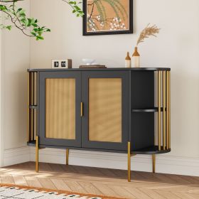 2-Door Elegant Curved Dining Cabinet with Gold Trim and Woven Rattan Doors (Color: Black, Material: Particle Board)