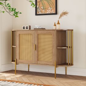 2-Door Elegant Curved Dining Cabinet with Gold Trim and Woven Rattan Doors (Color: Natural, Material: Particle Board)