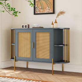 2-Door Elegant Curved Dining Cabinet with Gold Trim and Woven Rattan Doors (Color: Dark Gray, Material: Particle Board)