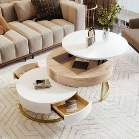 Modern Round Lift-top Nesting Coffee Tables with 2 Drawers (Color: Oak Natural Wood + Antique White, Material: MDF)