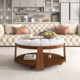 2-Tier Oversized Button Tufted Modern Large Round Ottoman (Color: Ivory White, Material: Rubber Wood)