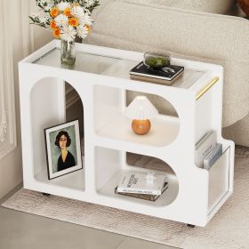 Nightstand with Lockable Wheels and 5mm Thick Fluted Tempered Glass (Color: White, Material: MDF)